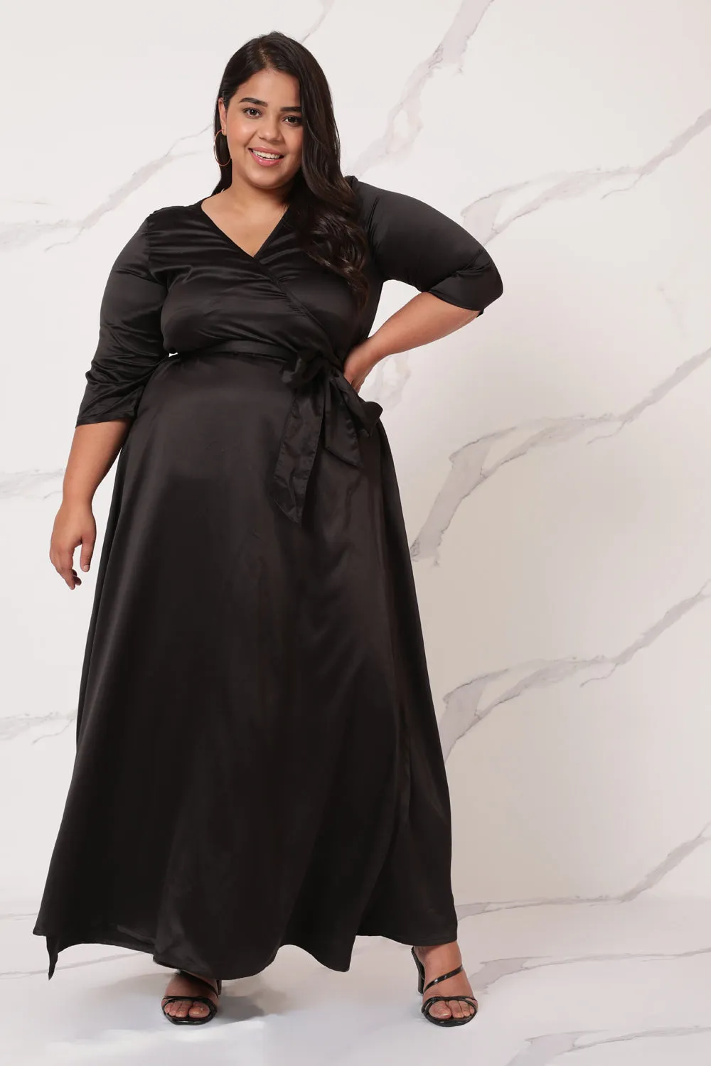 Black Satin Cocktail Wrap Dress