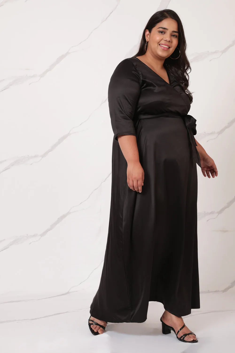 Black Satin Cocktail Wrap Dress