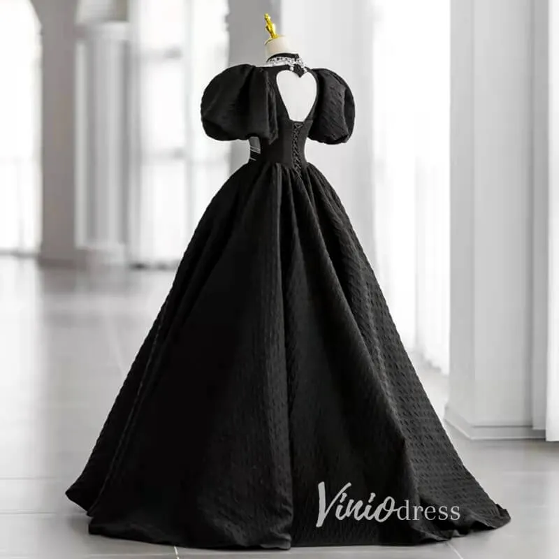 Black Satin Quinceanera Dresses Puffed Sleeve Prom Ball Gown FD3243