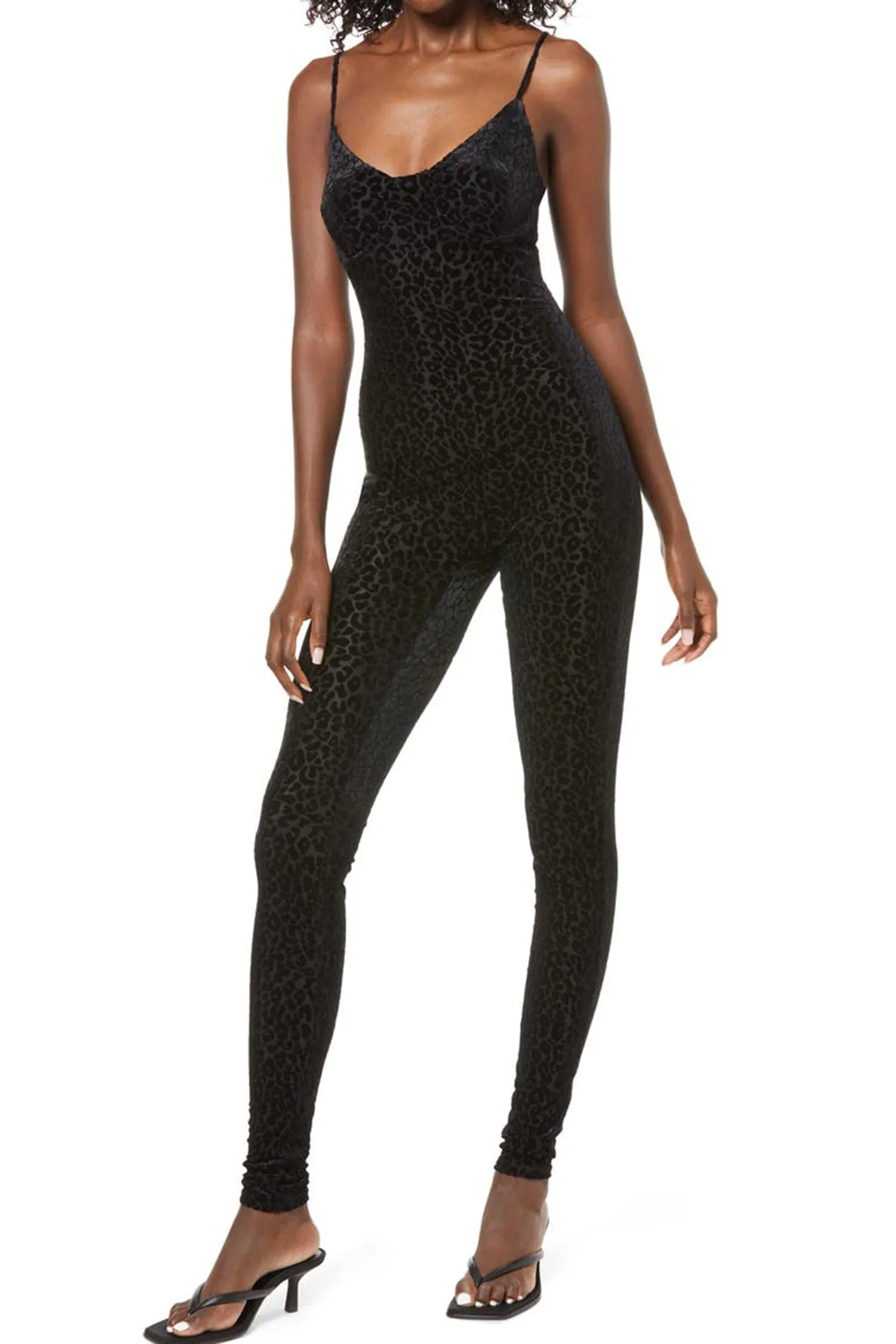 Black See Through Mesh Leopard Print Velvet Jumpsuit