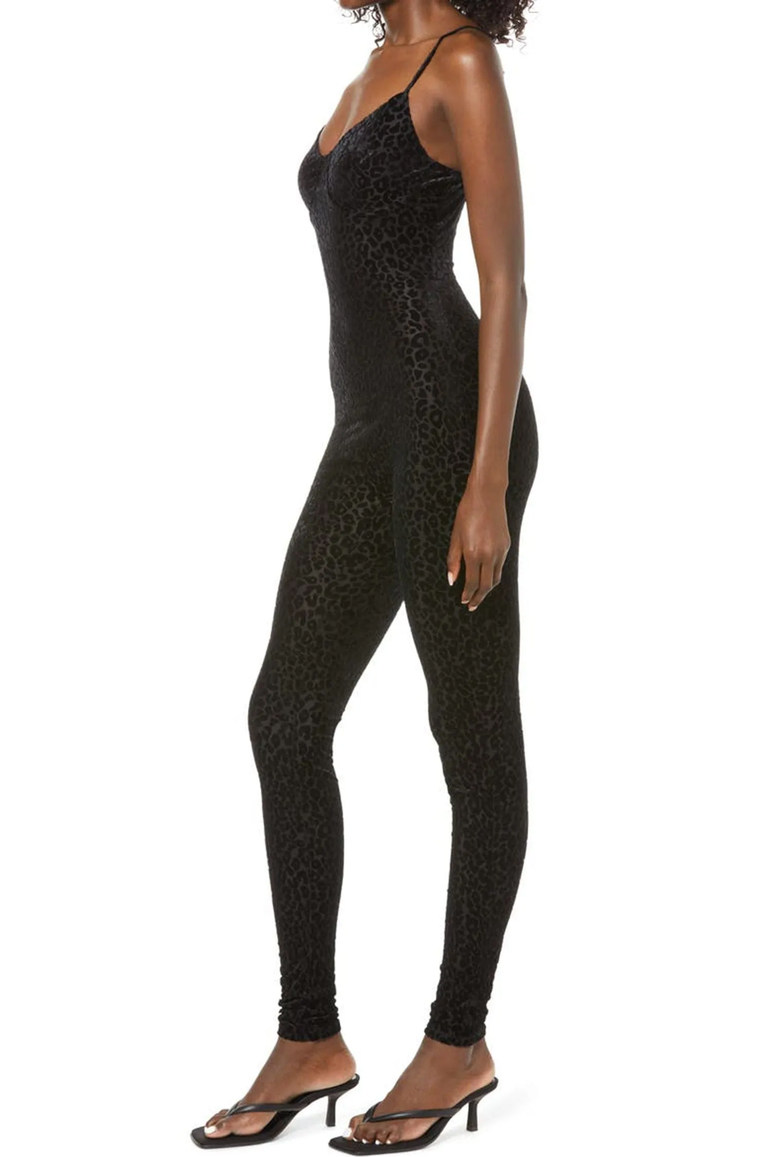 Black See Through Mesh Leopard Print Velvet Jumpsuit