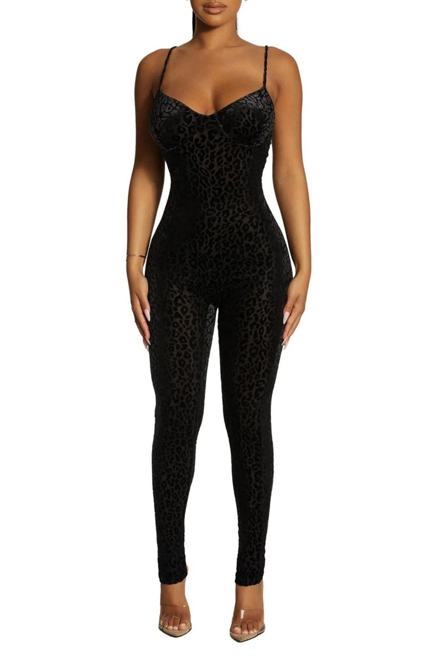 Black See Through Mesh Leopard Print Velvet Jumpsuit