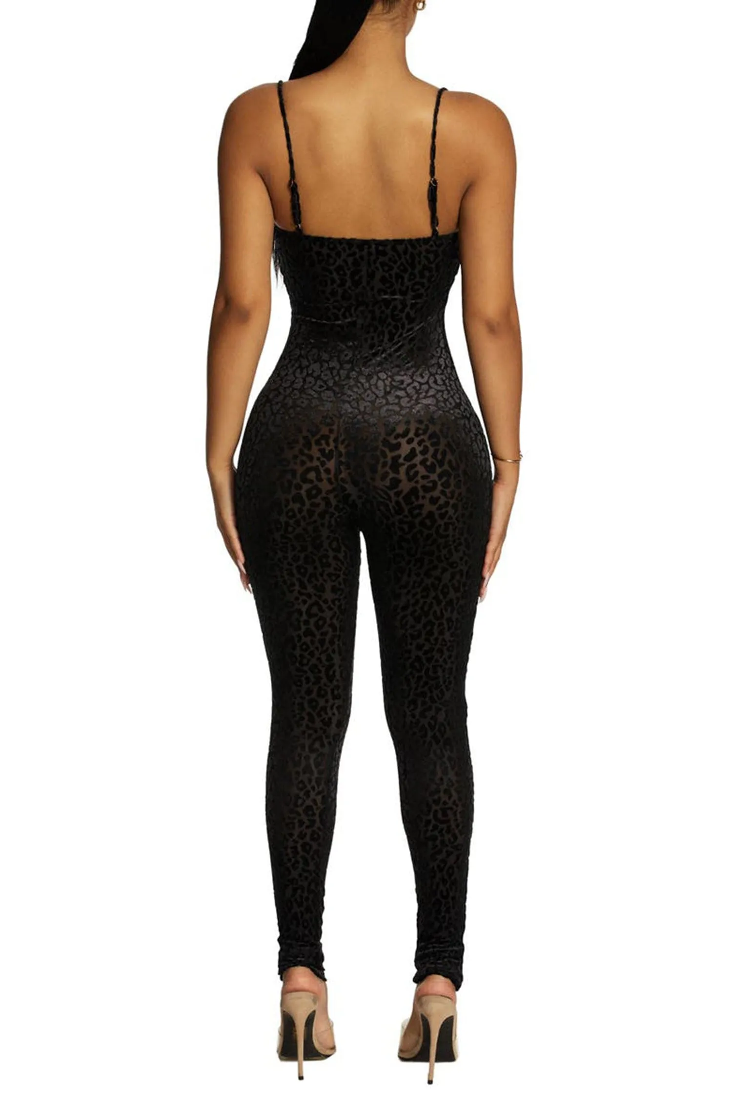 Black See Through Mesh Leopard Print Velvet Jumpsuit