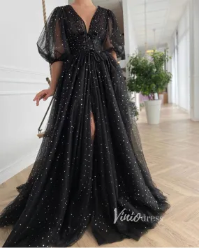 Black Starry Tulle Prom Dresses Puffed Sleeve FD2779