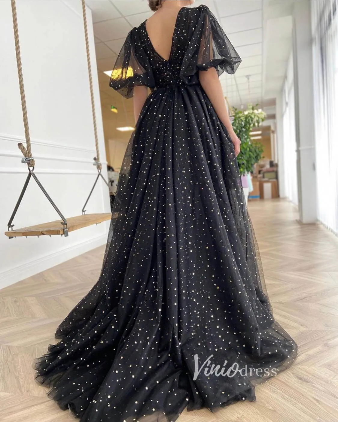 Black Starry Tulle Prom Dresses Puffed Sleeve FD2779