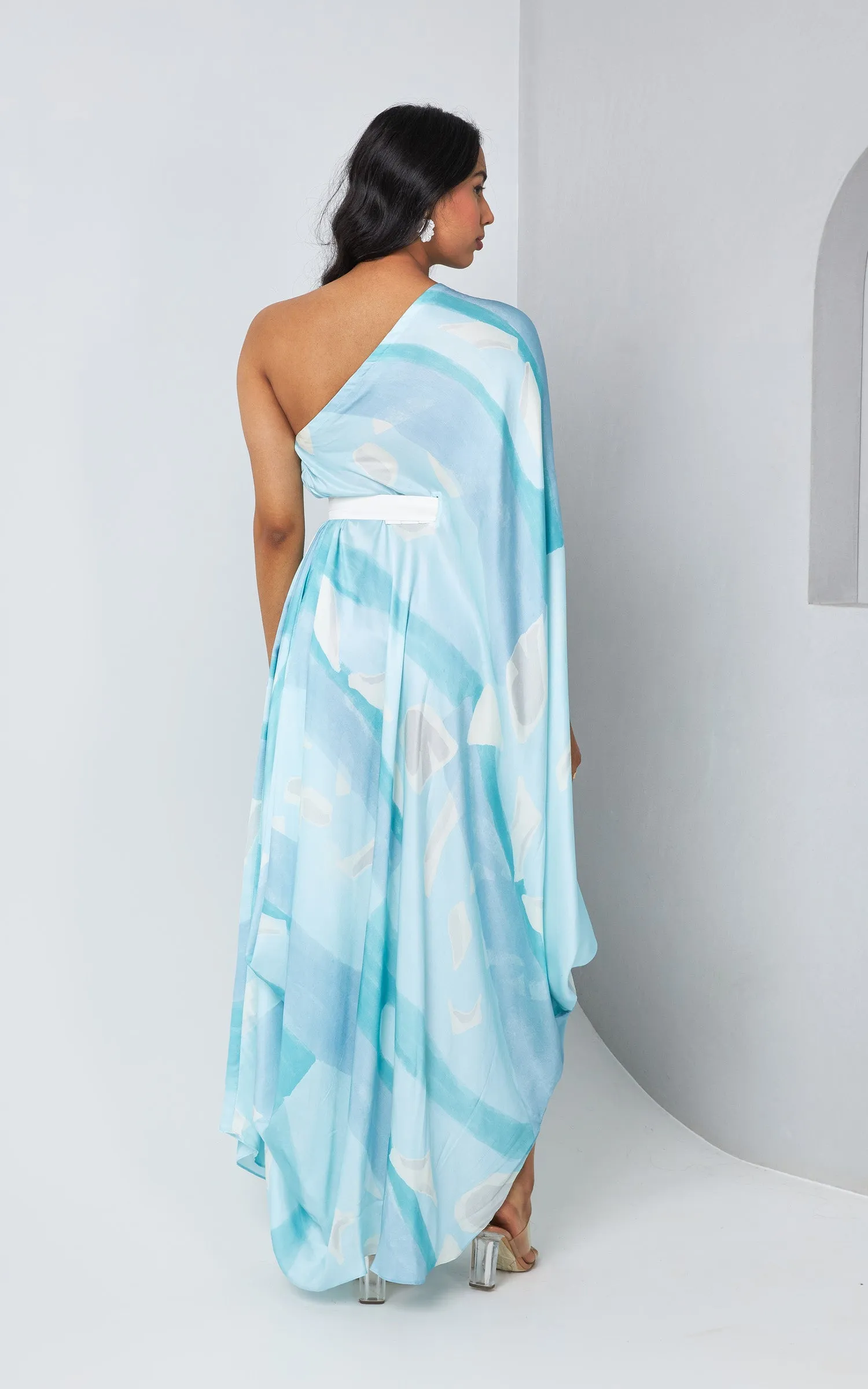 Blue Abstract Printed One Shoulder Drape