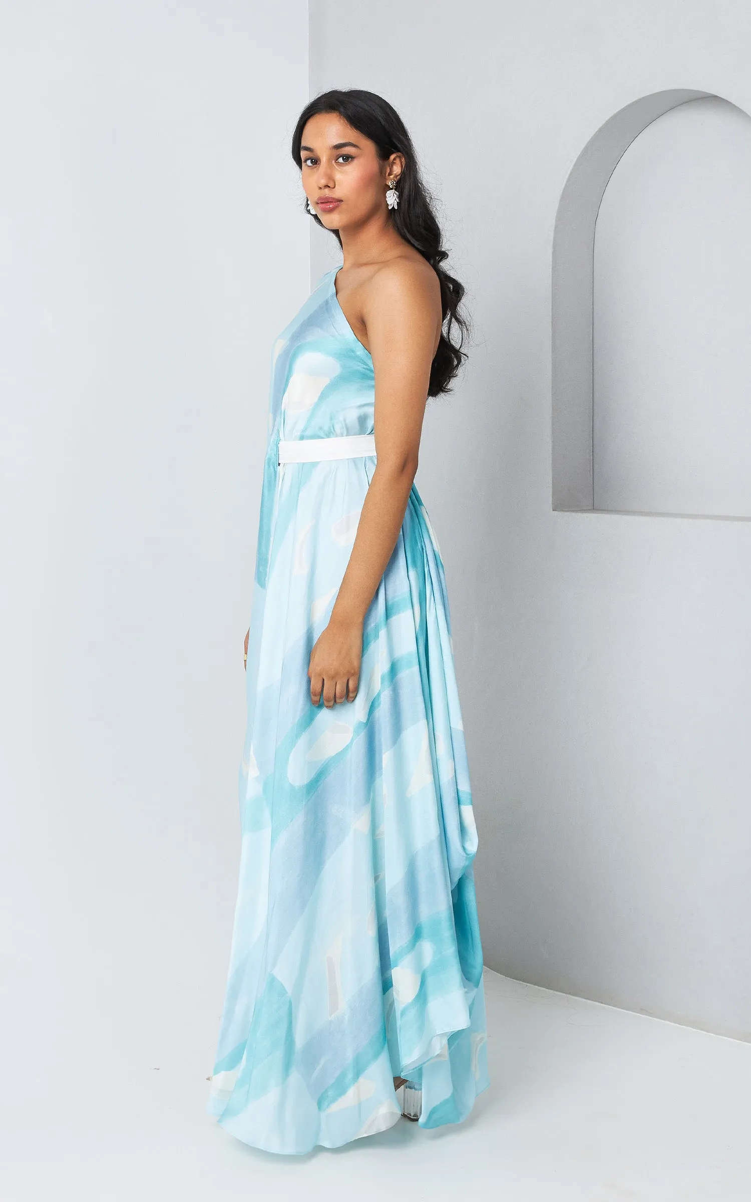 Blue Abstract Printed One Shoulder Drape