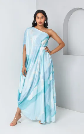 Blue Abstract Printed One Shoulder Drape