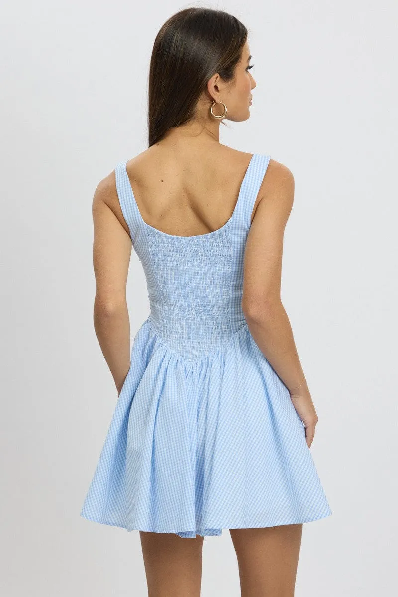 Blue Check Fit And Flare Dress Mini