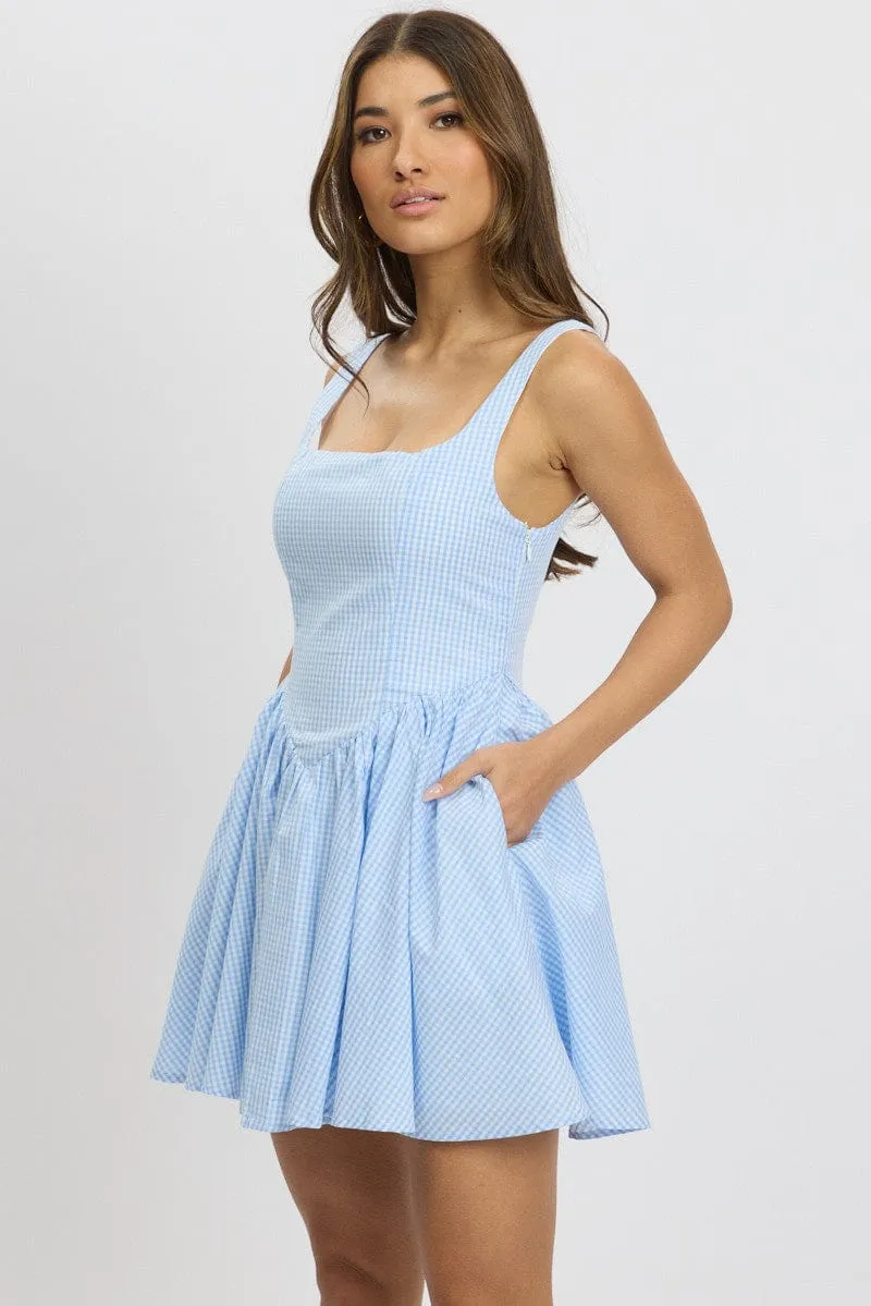 Blue Check Fit And Flare Dress Mini