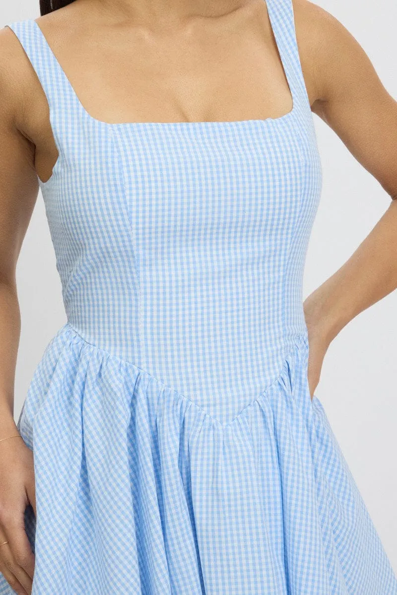 Blue Check Fit And Flare Dress Mini