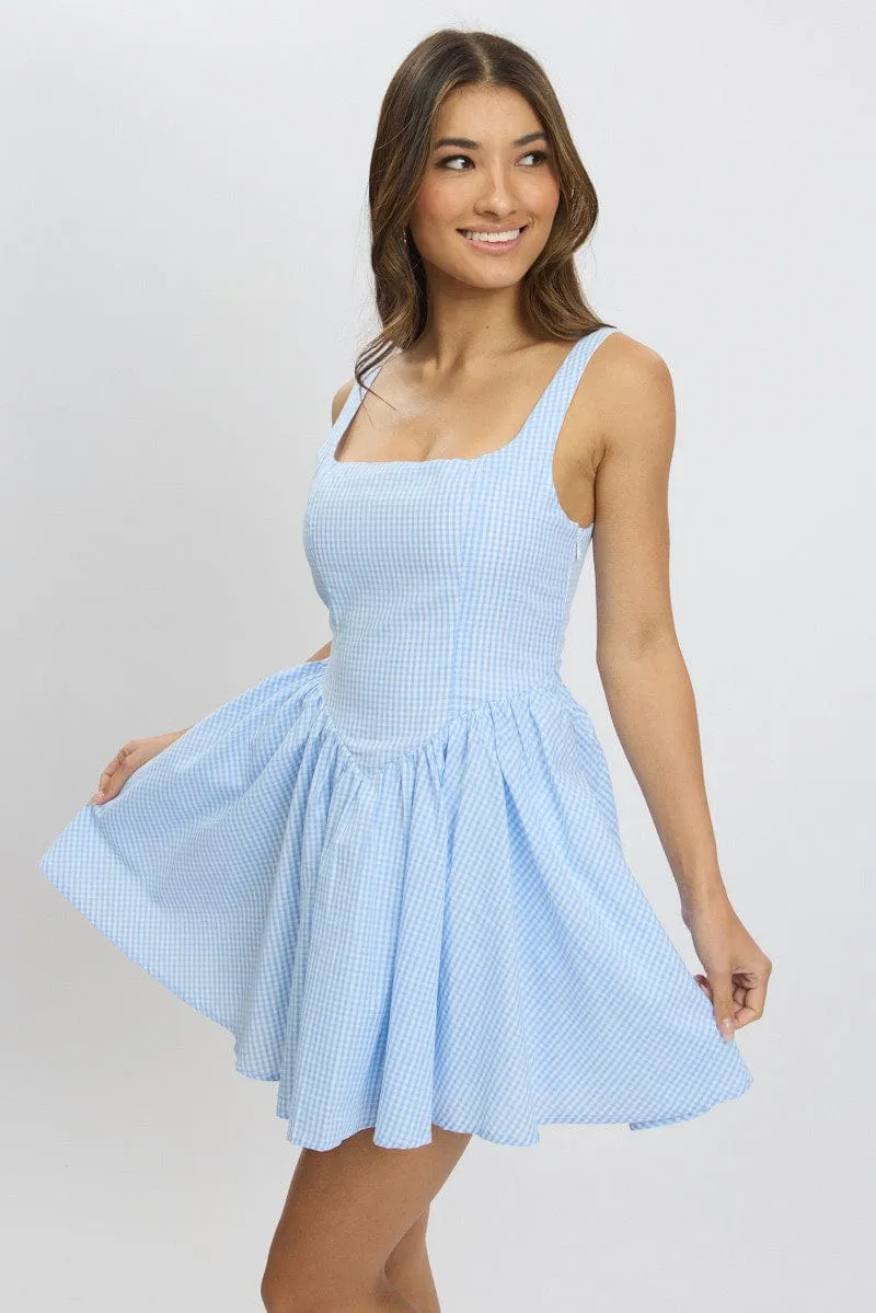 Blue Check Fit And Flare Dress Mini