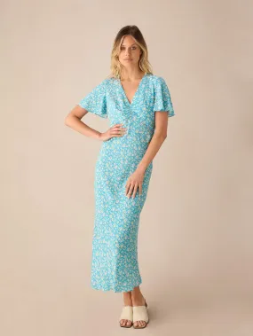 Blue Ditsy Print Flutter Sleeve Midi Dress