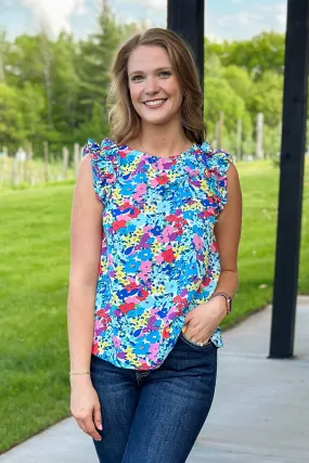 Blue Floral Print Ruffle Blouse