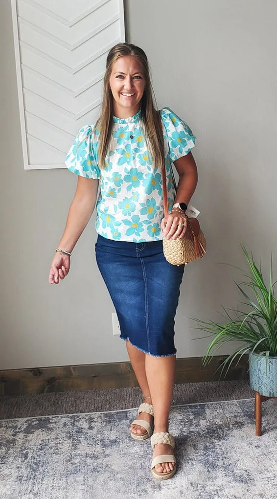 Blue Floral Puff Sleeve Top