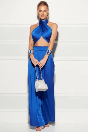 Blue Halter Wrap Top And Palazzo Satin Pants Set