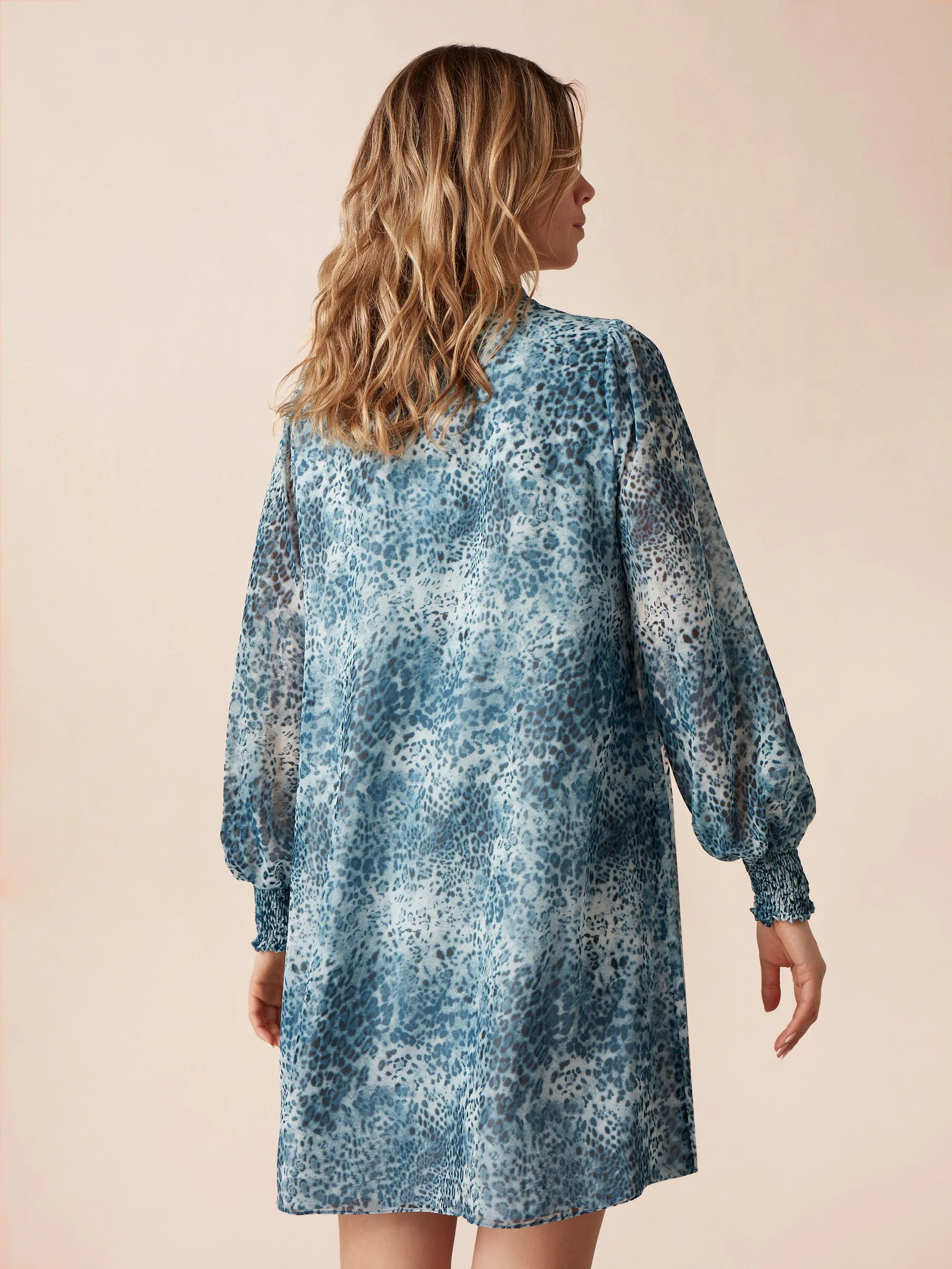 Blue Leopard Print Shirred Shoulder Dress