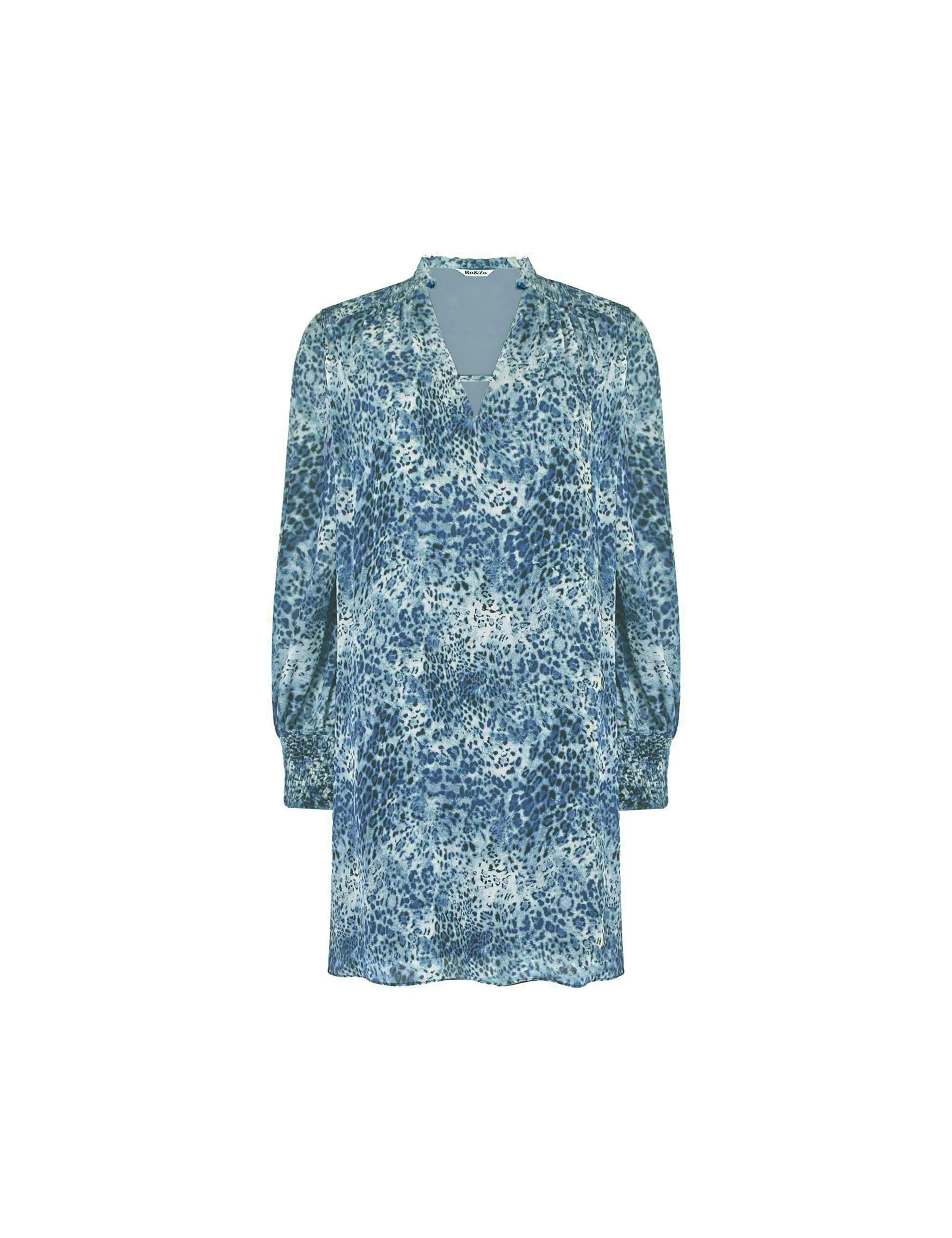 Blue Leopard Print Shirred Shoulder Dress