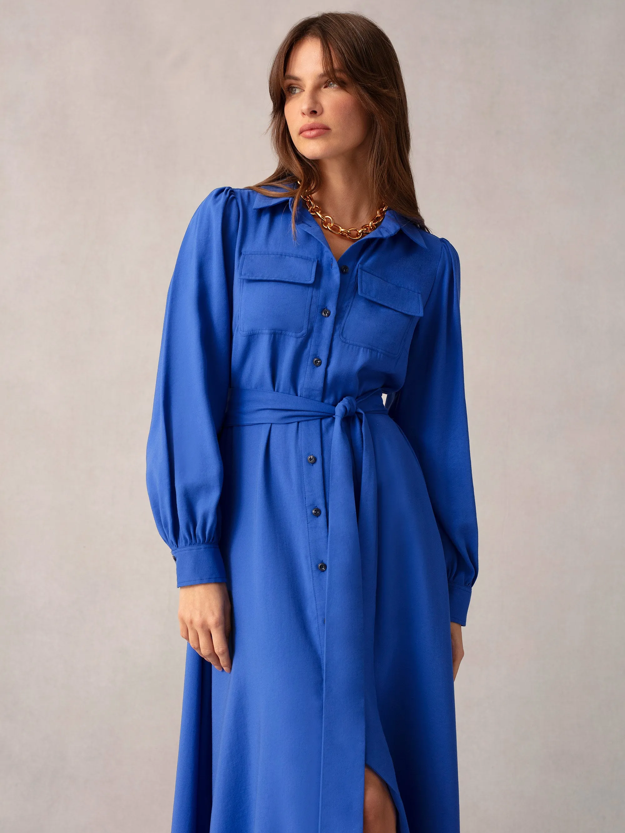 Blue Pocket Detail Midi Shirt Dress