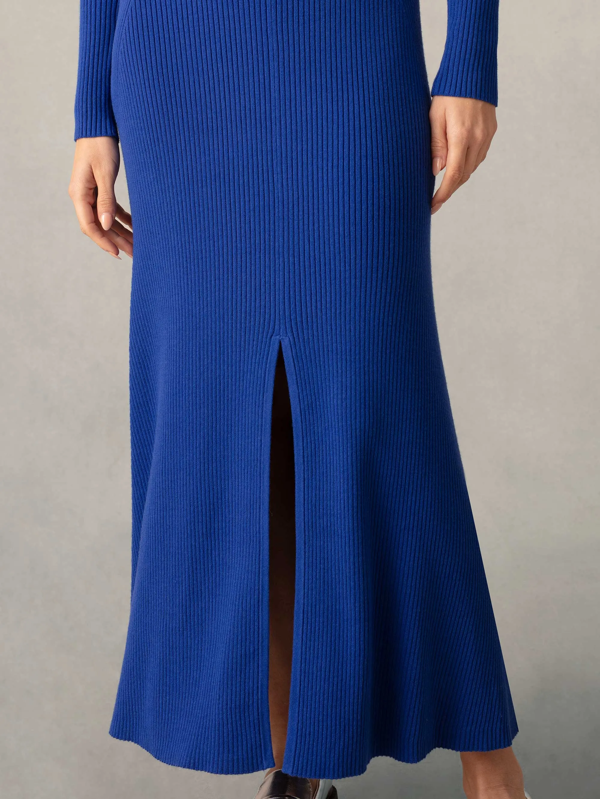 Blue Rib Knit Sweetheart Neckline Midi Dress