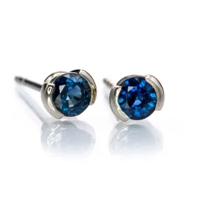 Blue Sapphire 14k Gold Half Bezel Stud Earrings