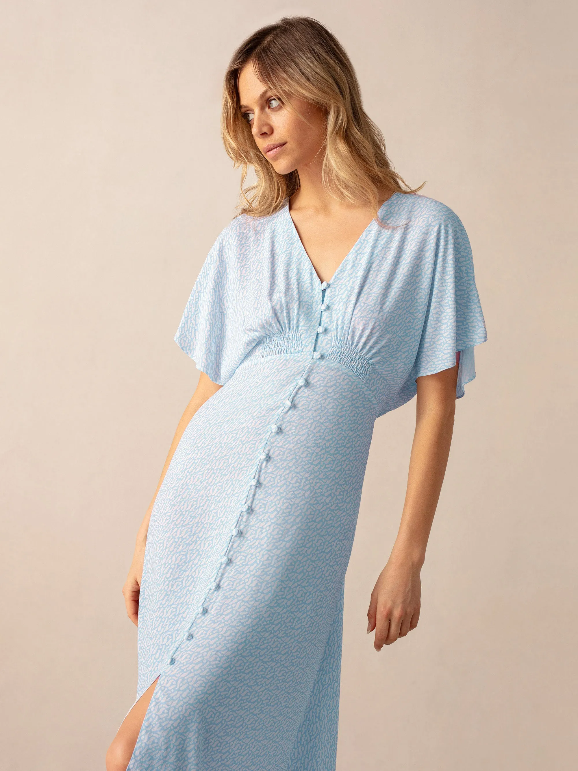 Blue Squiggle Print Button Through Midi Dress