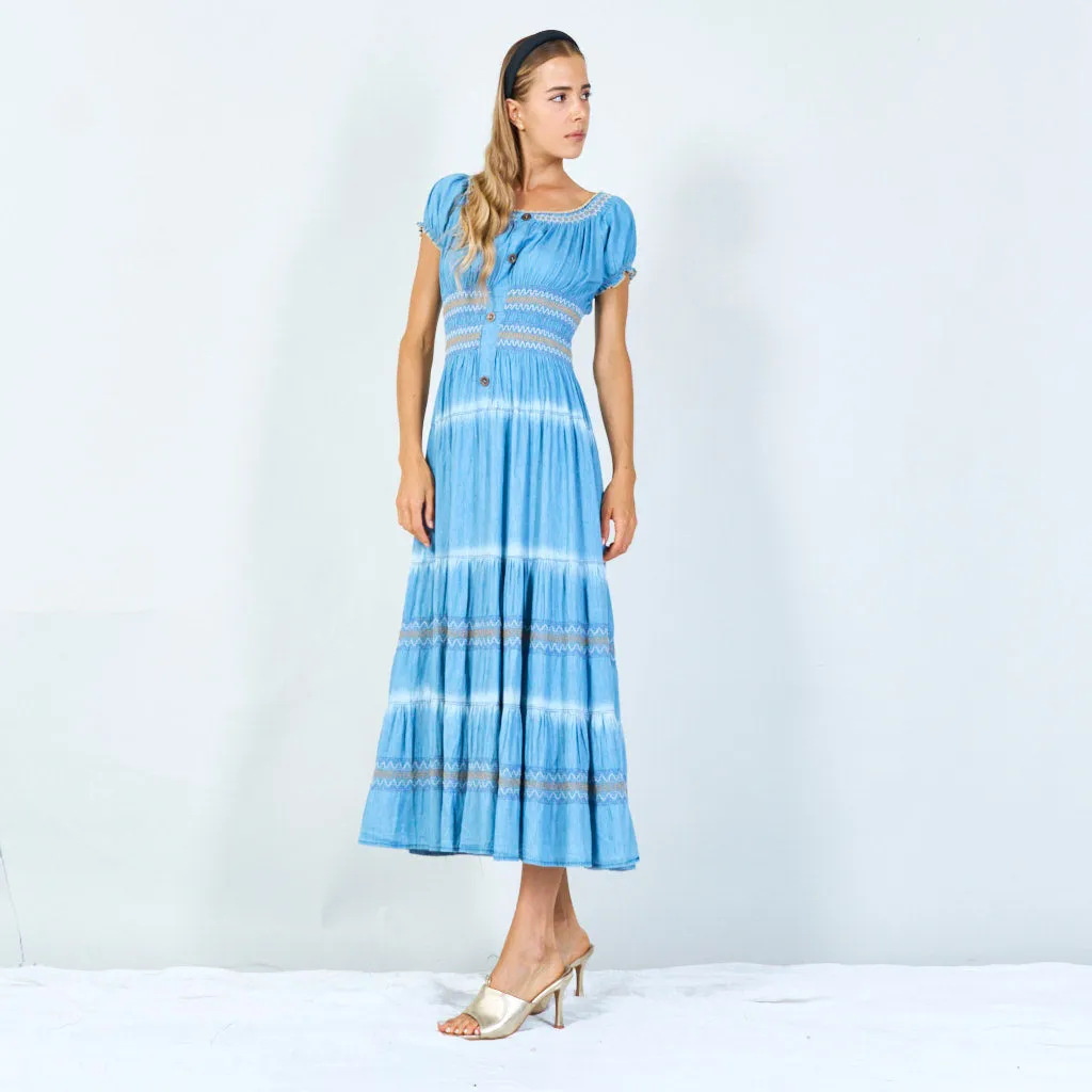 Boho button-front denim maxi dress wholesale