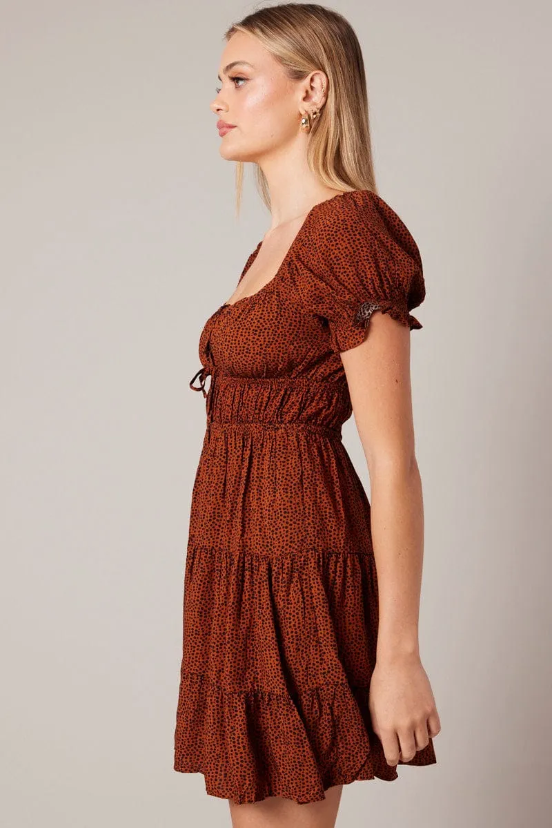 Brown Geo Fit And Flare Dress Puff Sleeve Mini