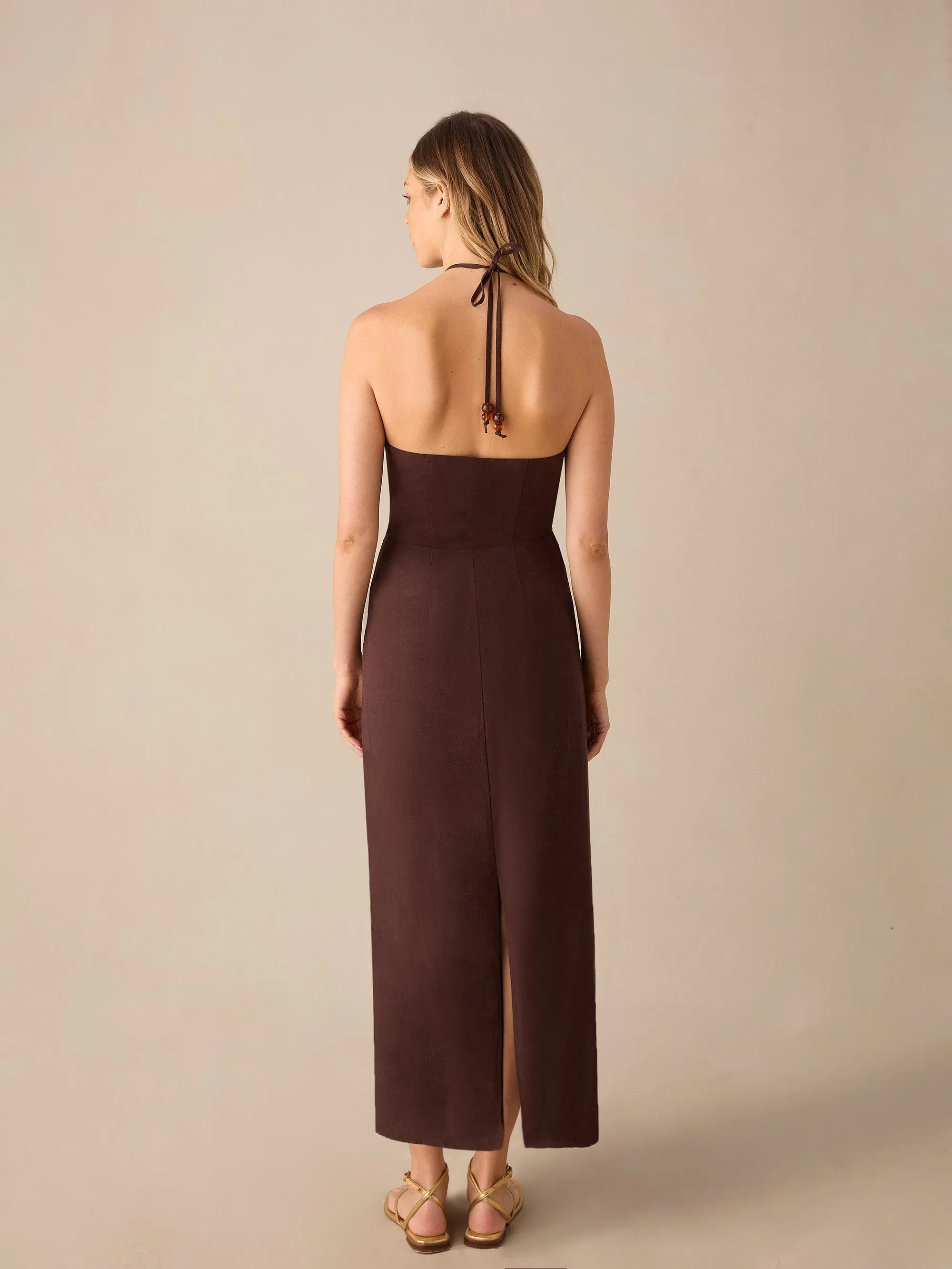 Brown Halter Linen-blend Midaxi Dress