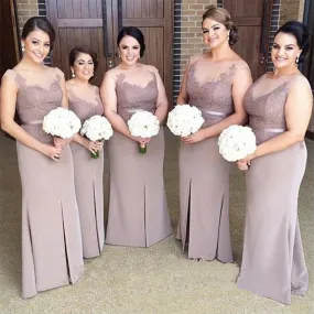 Brown Long Slit Mermaid Plus Size Lace Modest Bridesmaid Dresses ,PDY0141