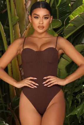 Brown Spaghetti Strap Square Neck Thong Ribbed Bodysuit