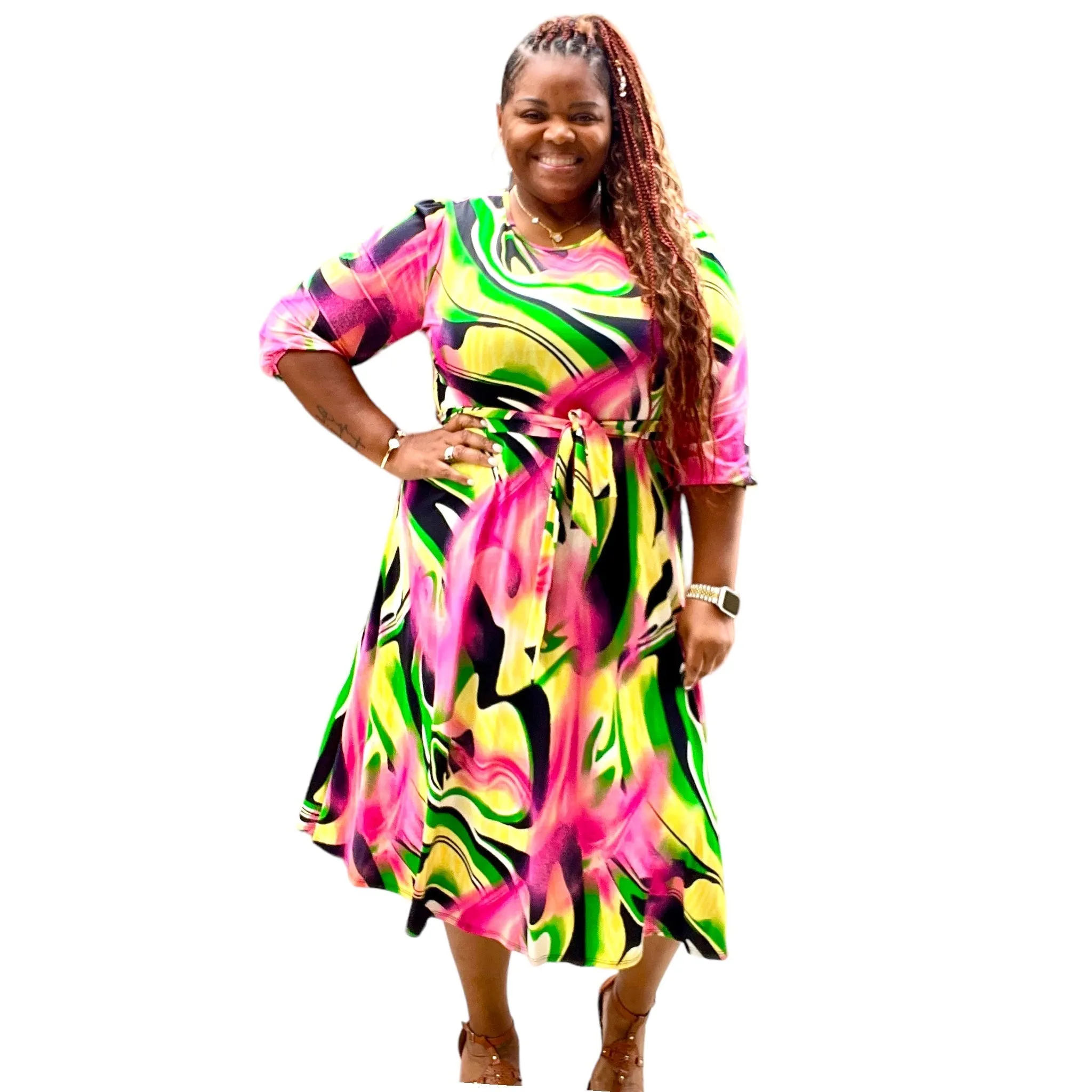 Brushed Print Plus Size Midi Dress