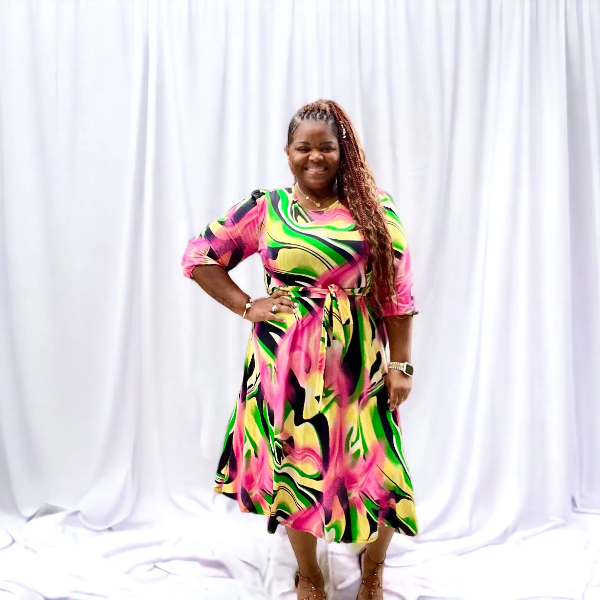 Brushed Print Plus Size Midi Dress