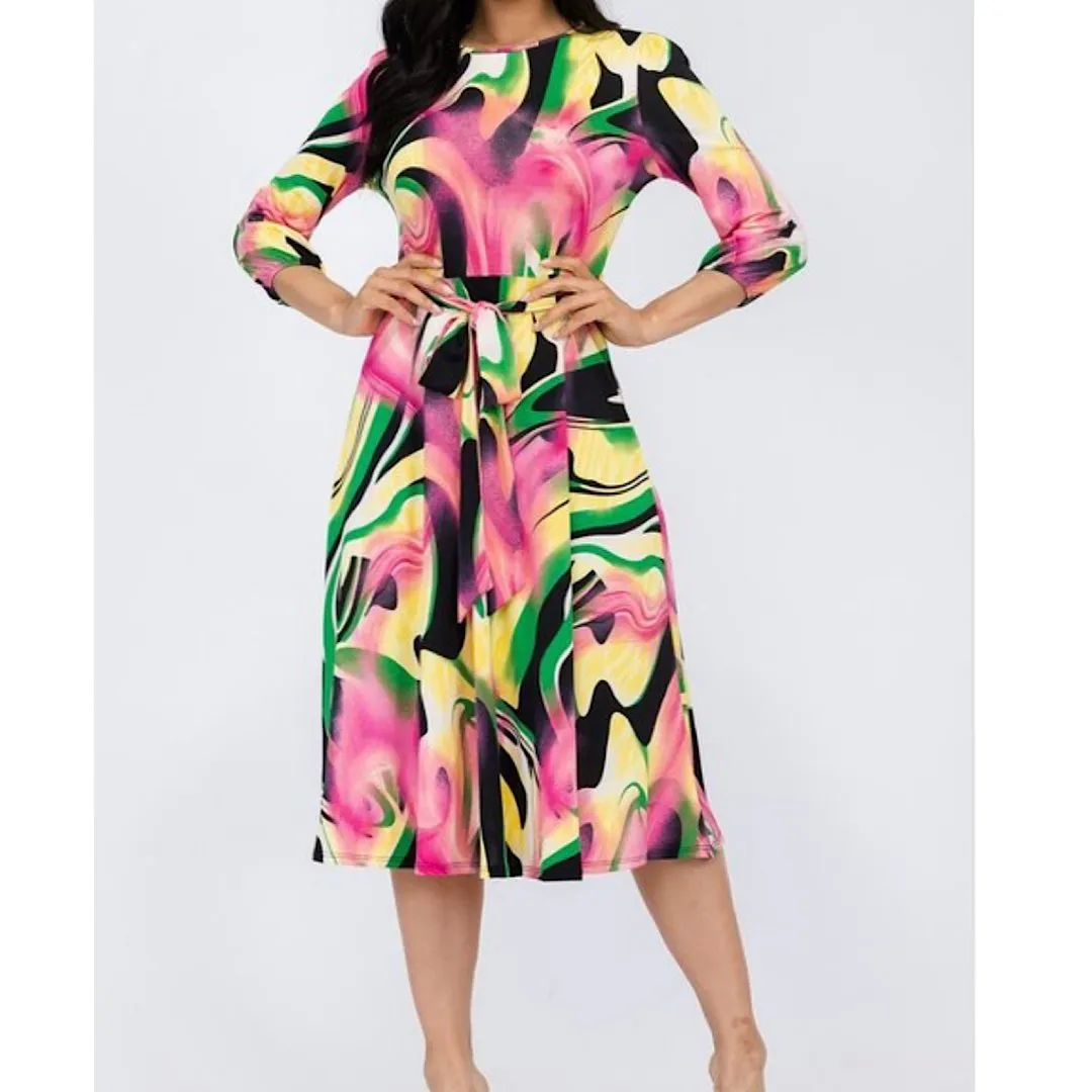 Brushed Print Plus Size Midi Dress