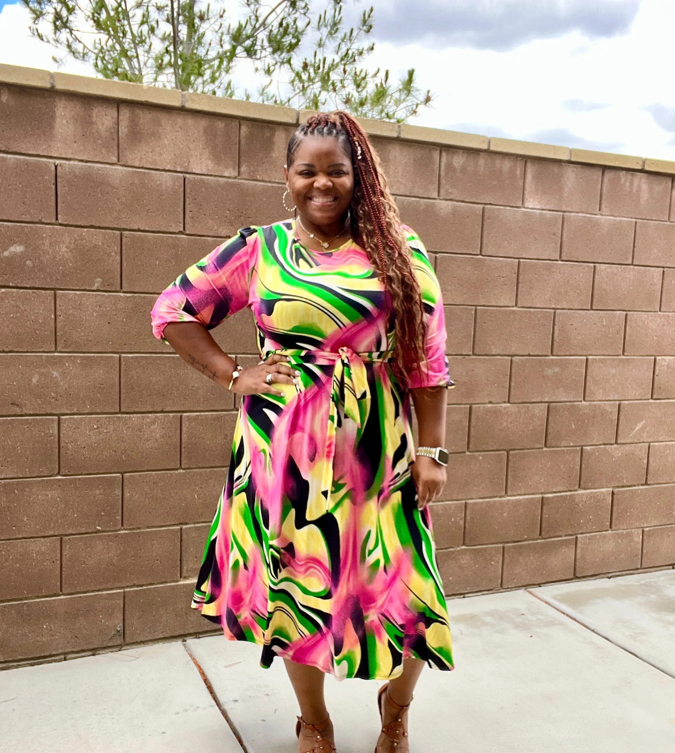 Brushed Print Plus Size Midi Dress