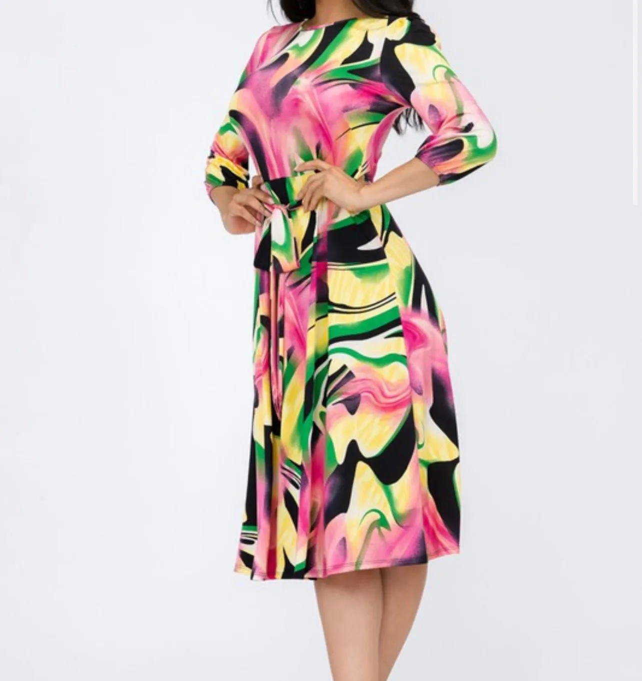 Brushed Print Plus Size Midi Dress