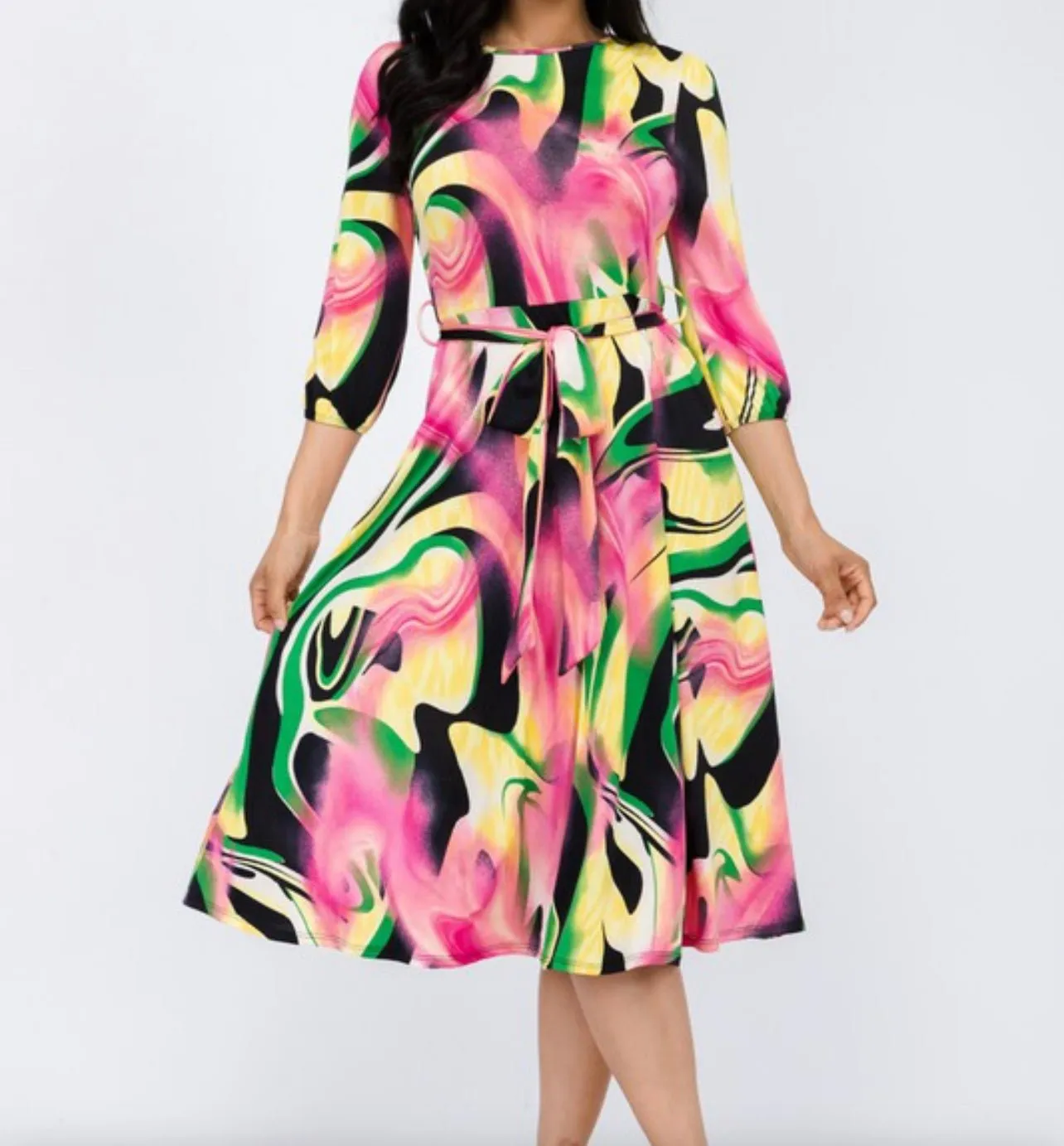 Brushed Print Plus Size Midi Dress