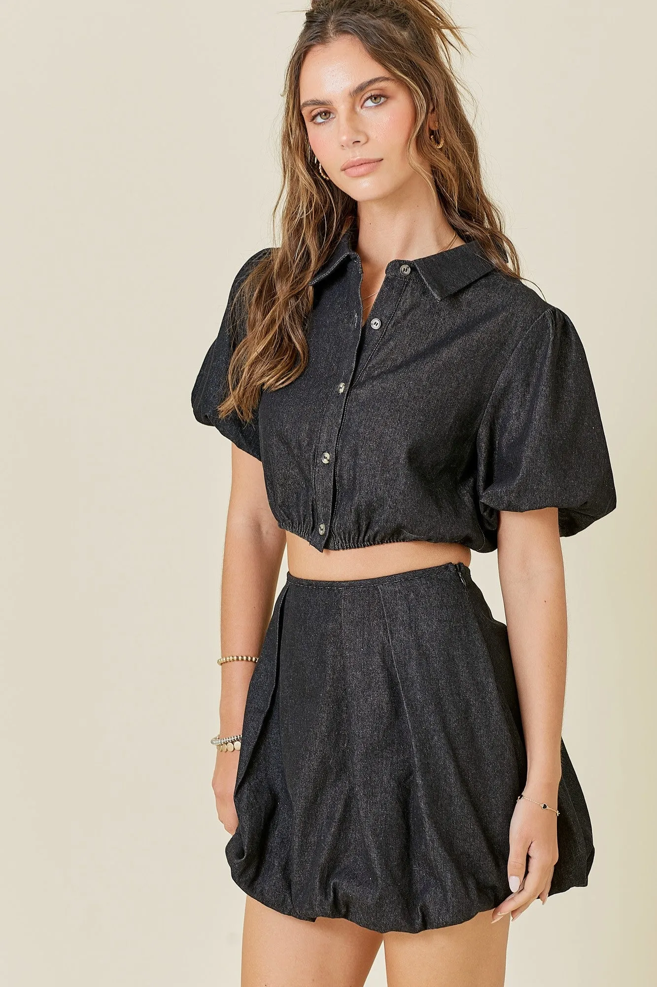 Button Down Puff Sleeve Denim Top