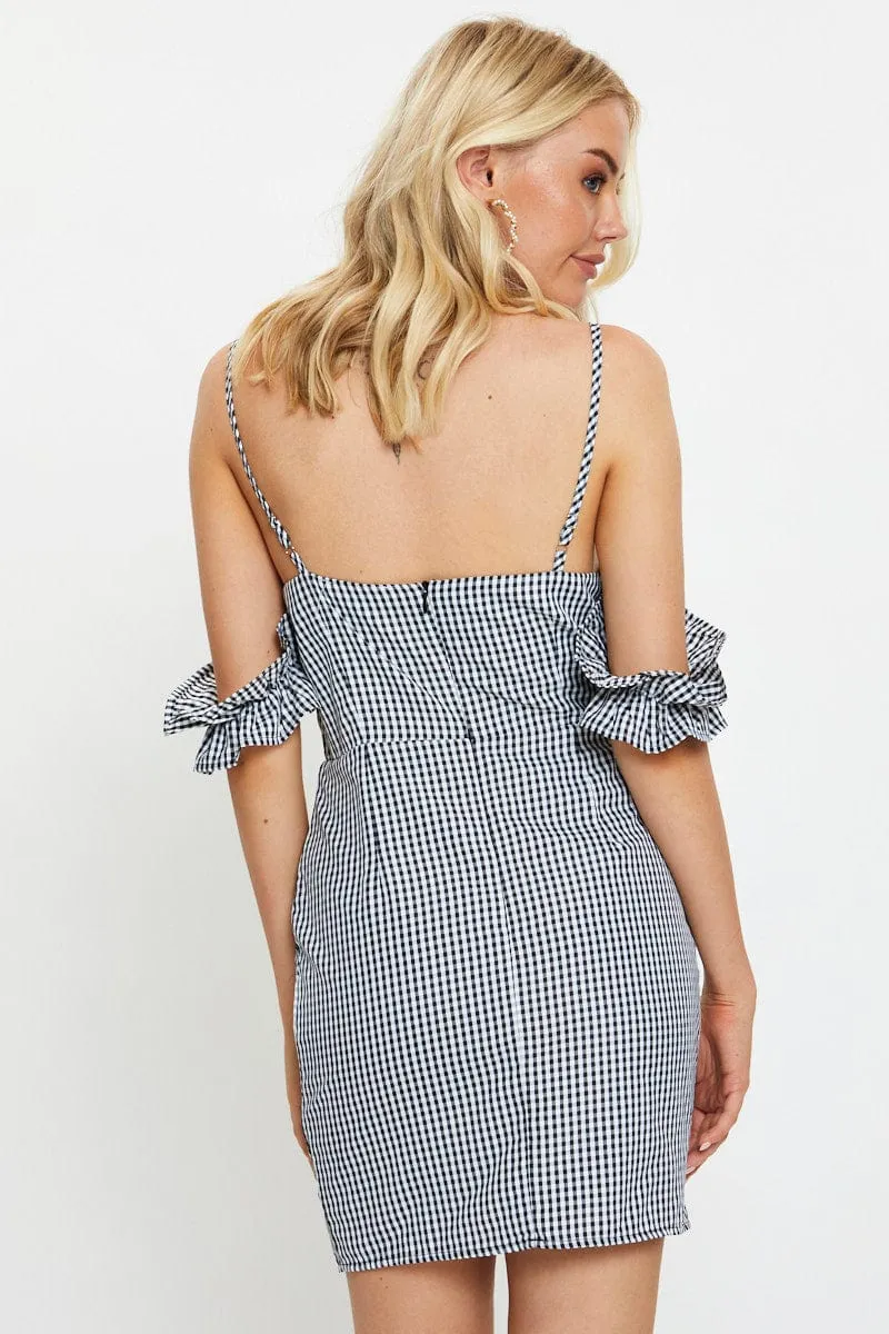 Check Gingham Off Shoulder Mini Dress