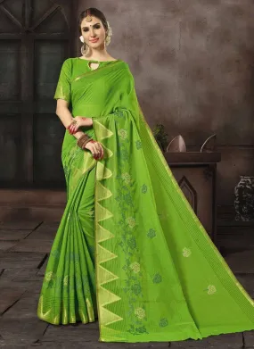 Cotton Silk Casual Wear Printed Work Saree- green 2