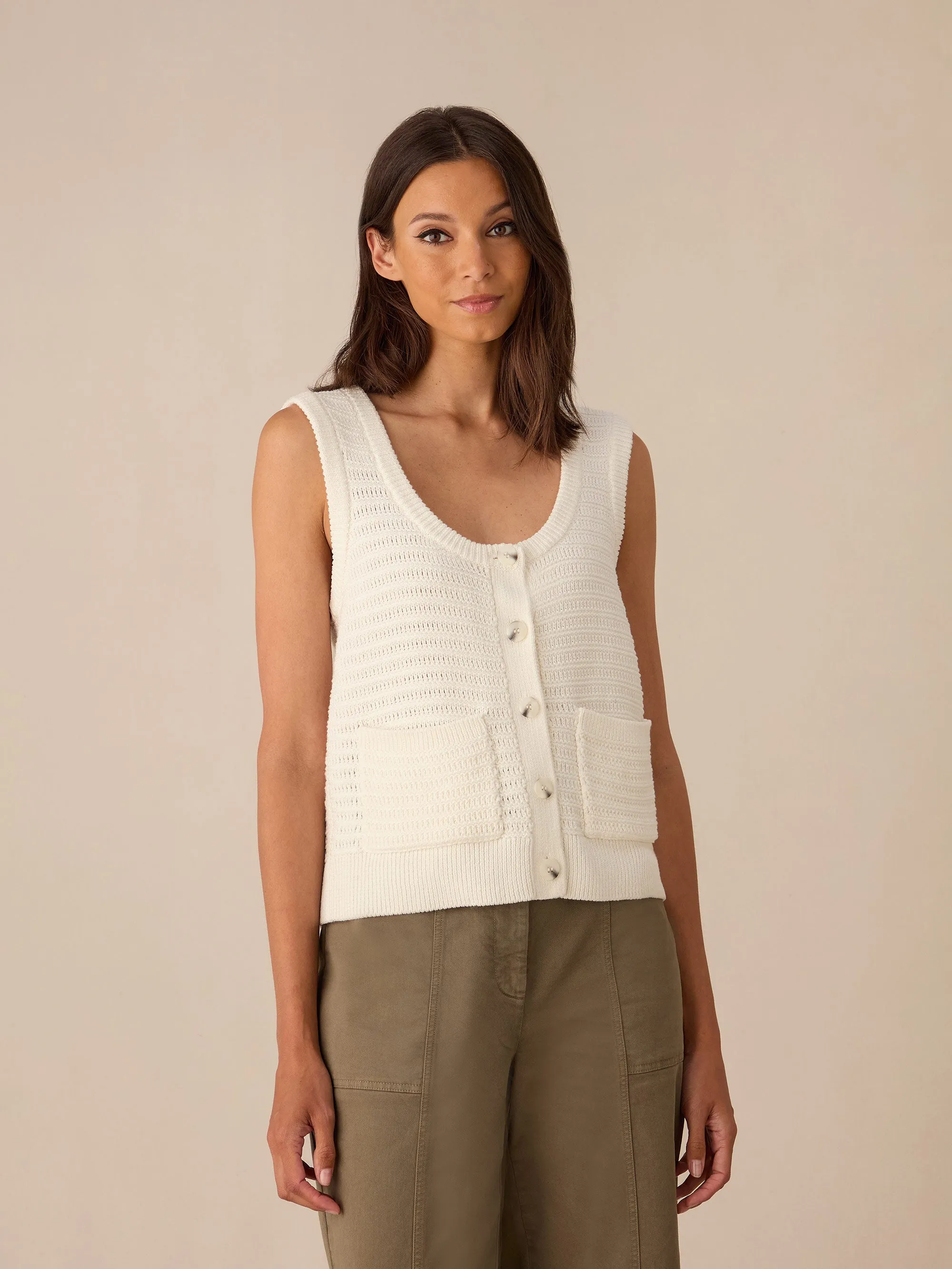 Cream Knitted Scoop Neck Button Vest