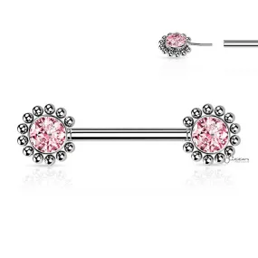 CZ and Beaded Ball Edge Push in Nipple Barbell - Pink