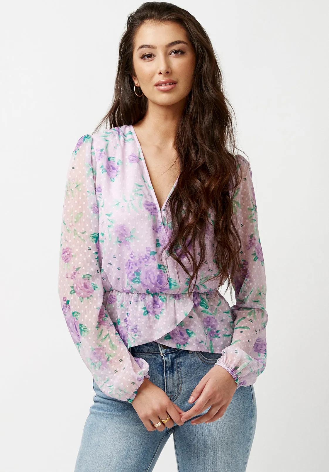 Davis Women's Cross Front Blouse in Purple Floral - WT0640P