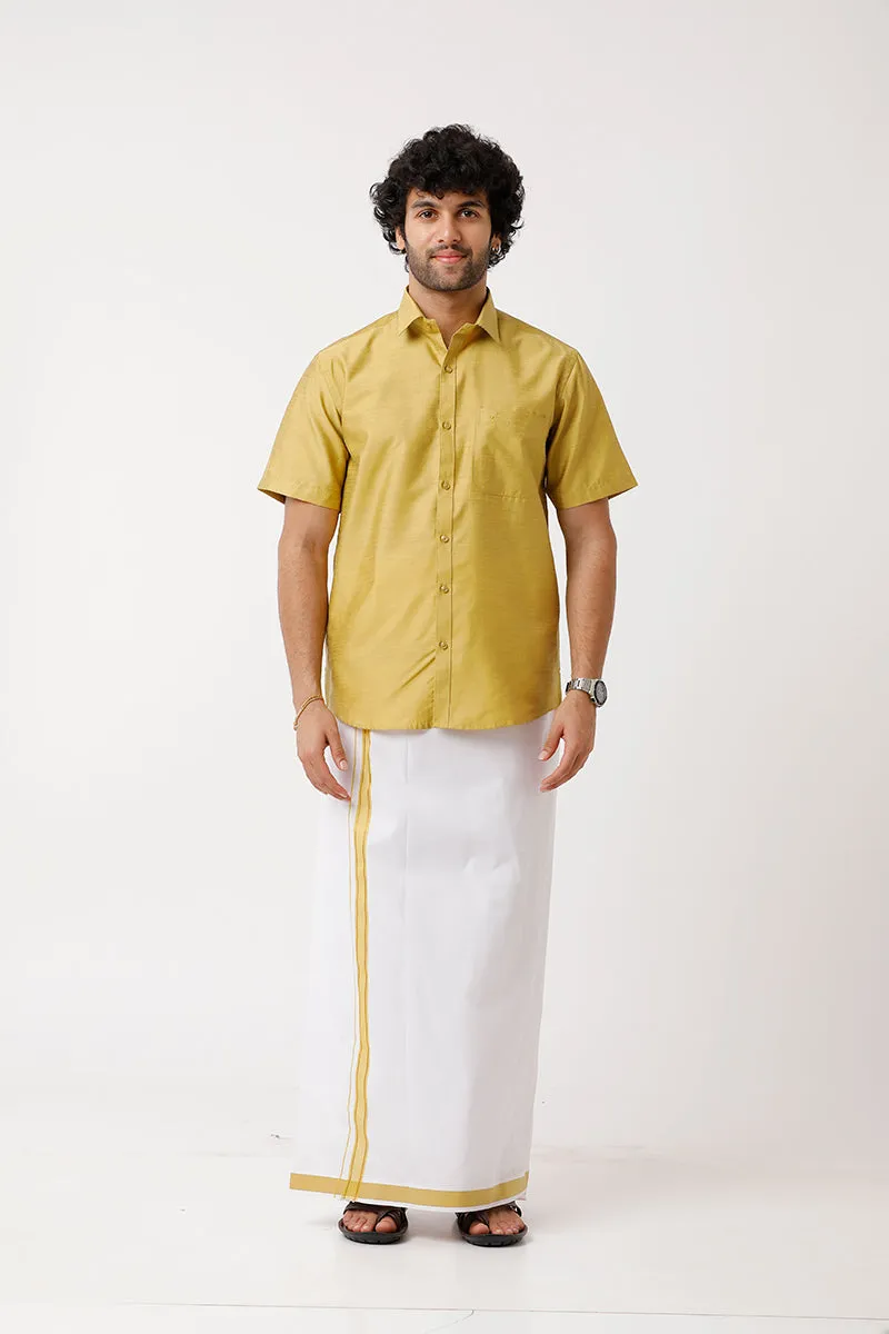 Divine - Yellow Cotton Blend Single Dhoti With Fancy Borders For Men | Uathayam