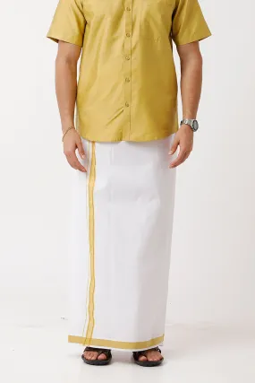 Divine - Yellow Cotton Blend Single Dhoti With Fancy Borders For Men | Uathayam