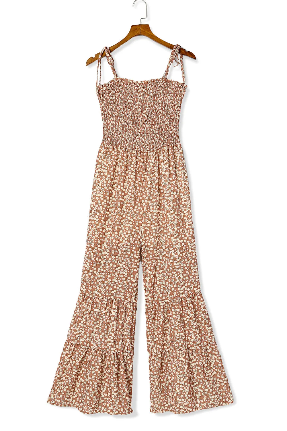 Dusk Blue Floral Print Spaghetti Straps Smocked Wide Leg Jumpsuit