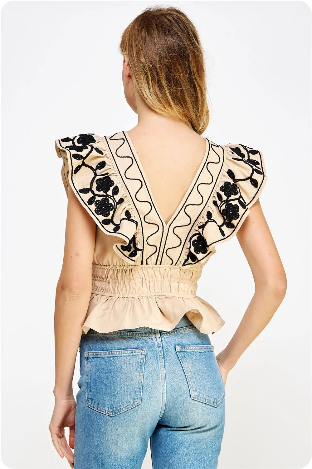 Embroidery Detailed Ruffle Linen Top