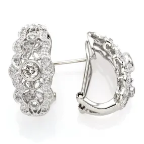 Estate 14K White Gold 0.70 TCW Pave Diamond Filigree Omega Back Earrings