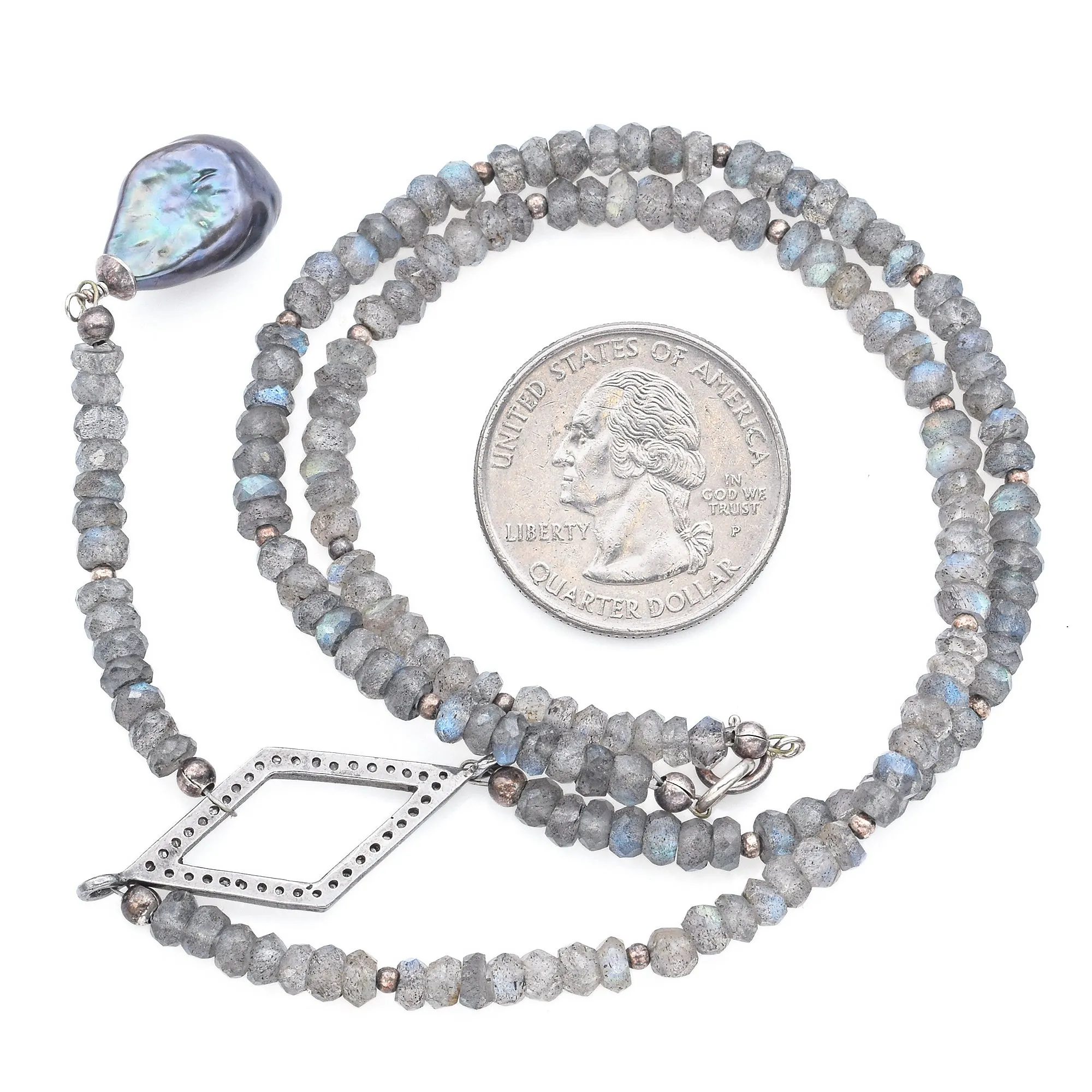 Estate Sterling Silver Moonstone, Pearl & Diamond Y Drop Pendant Necklace