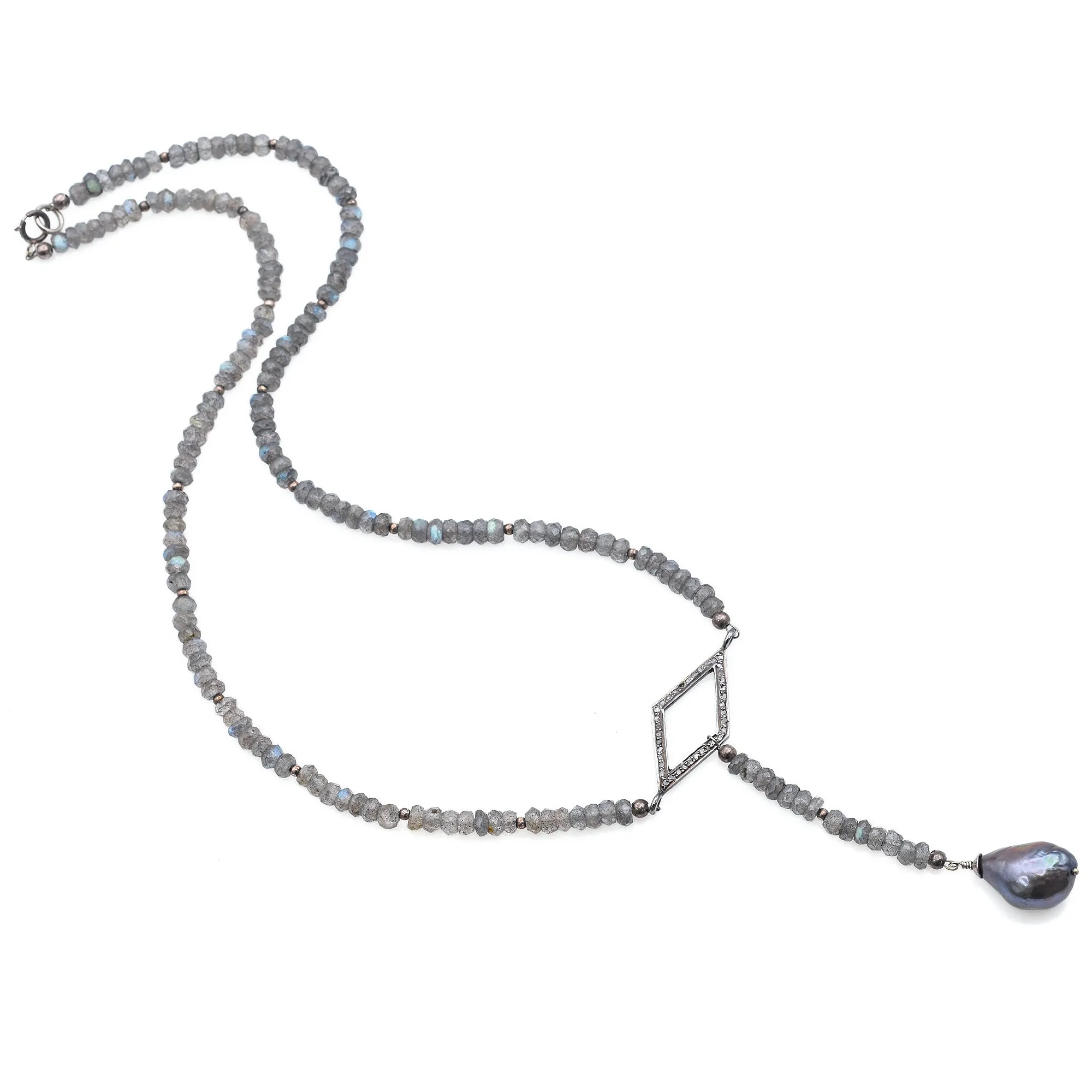 Estate Sterling Silver Moonstone, Pearl & Diamond Y Drop Pendant Necklace